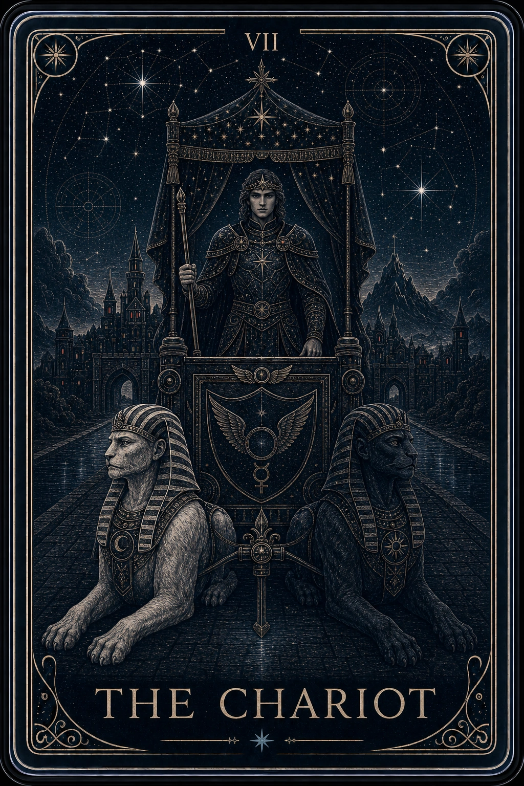 The Chariot tarot card from the Night Glass deck — a crowned charioteer standing beneath a star-sewn canopy in a black glass chariot, two sphinxes at rest facing opposite directions.