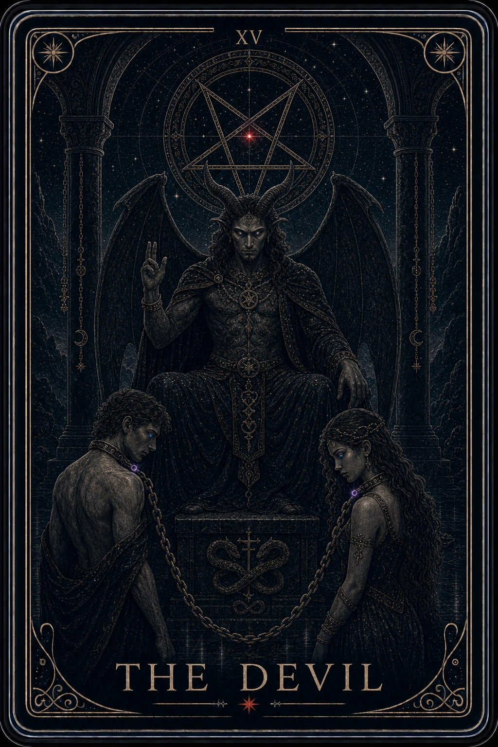 The Devil tarot card from the Night Glass deck — a horned figure enthroned beneath a glowing inverted pentagram, two chained figures bowed before the pedestal.