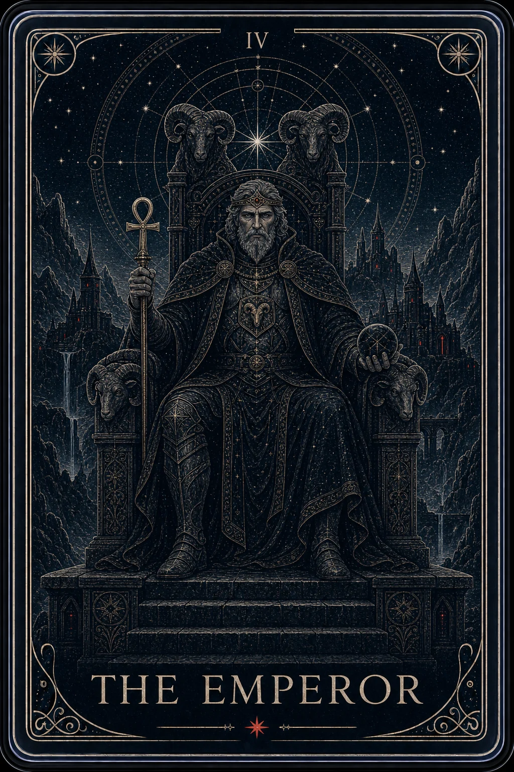The Emperor tarot card from the Night Glass deck — a stern crowned figure on a black stone throne carved with ram heads, holding an ankh scepter and a dark orb before severe mountains.
