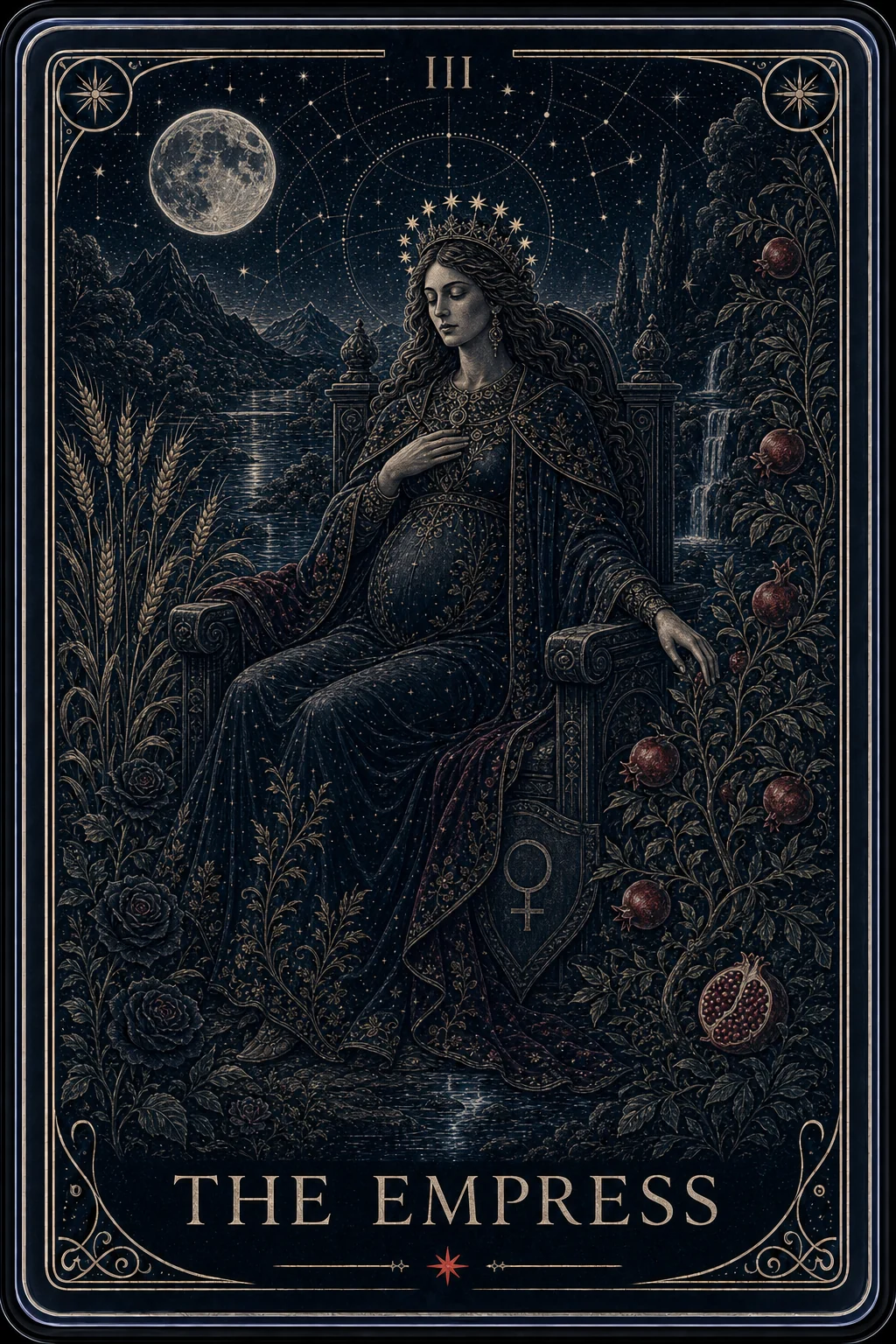 The Empress tarot card from the Night Glass deck — a crowned, expectant figure enthroned in a moonlit garden of wheat and heavy pomegranate vines, a full moon above.