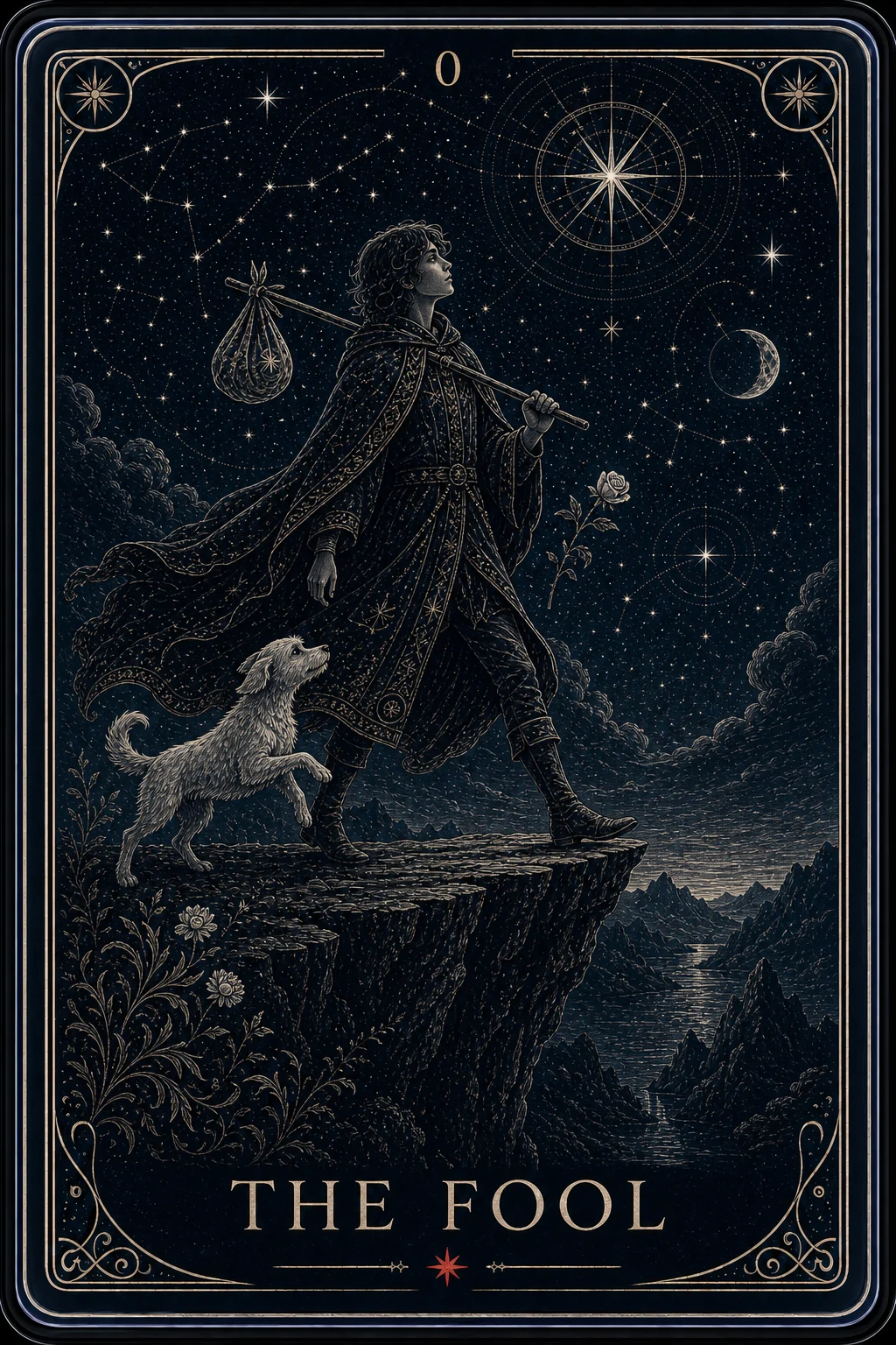 The Fool tarot card from the Night Glass deck — a traveler at the edge of a black cliff under a great star, a white dog rearing at his heels.