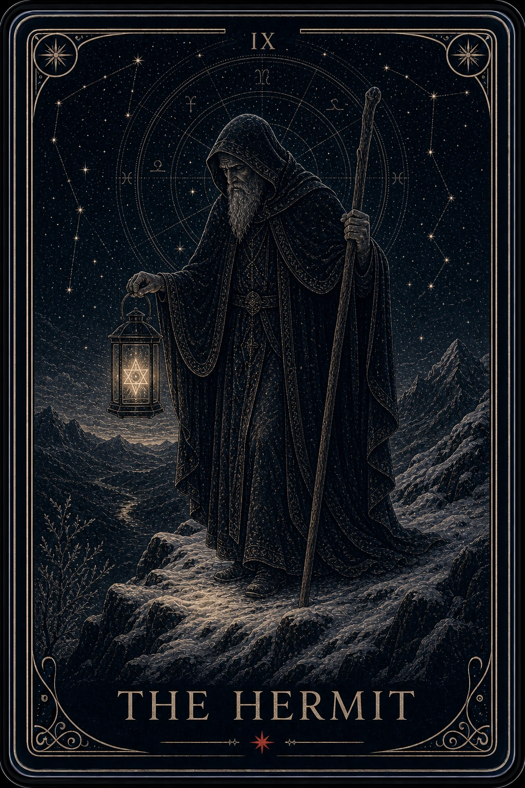 The Hermit tarot card from the Night Glass deck — a hooded elder on a dark mountain ridge holding a lantern low over the path, a ring of constellations behind him.
