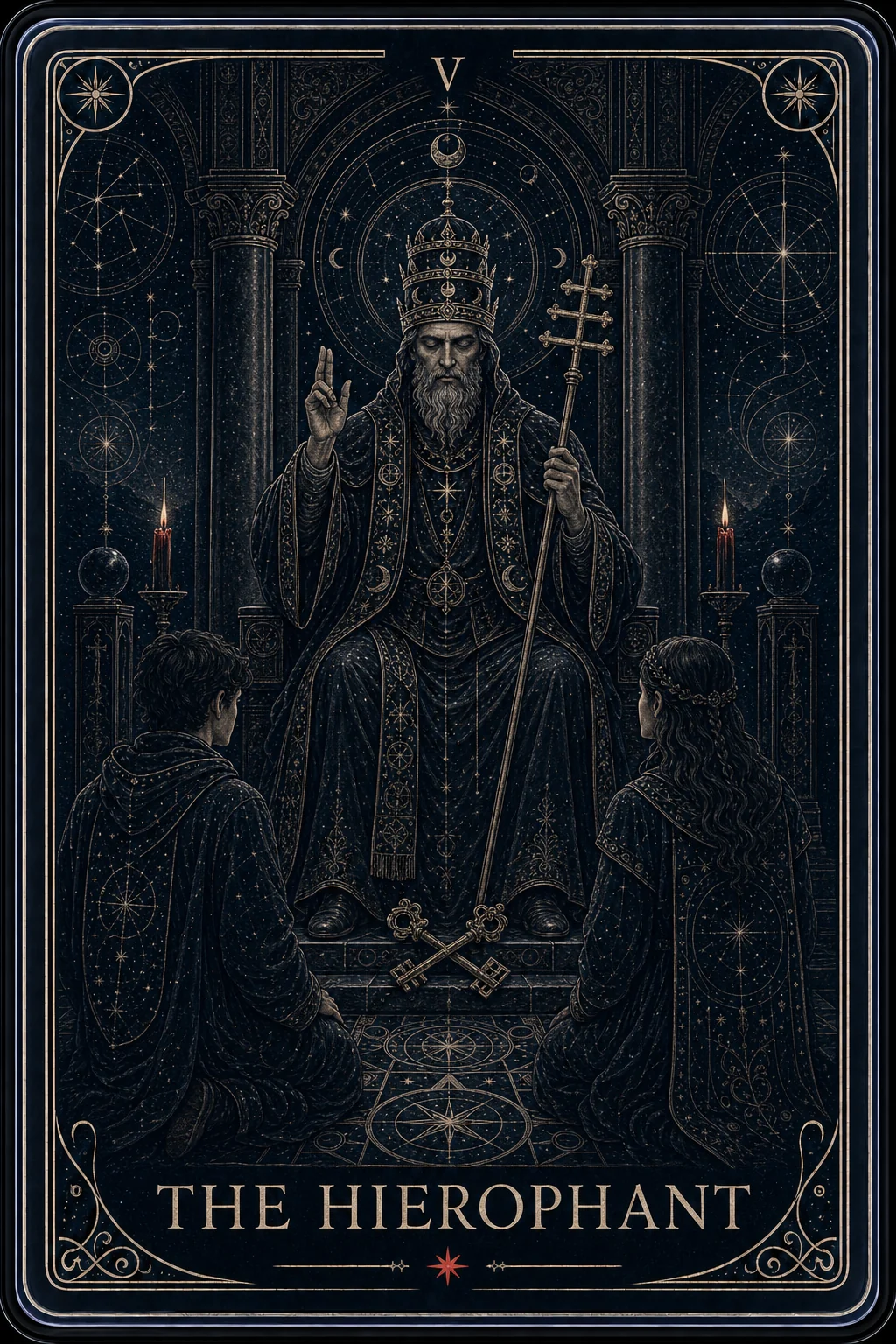 The Hierophant tarot card from the Night Glass deck — a triple-crowned figure raising a blessing between temple pillars, two seekers kneeling before crossed golden keys.