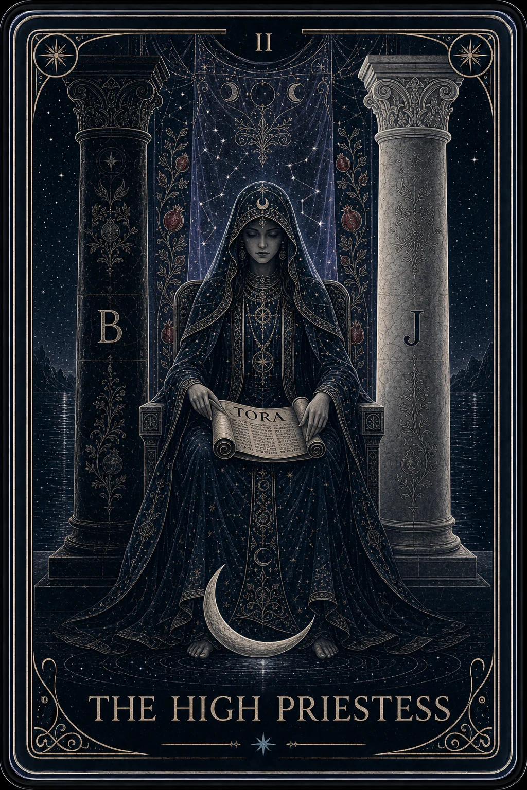 The High Priestess tarot card from the Night Glass deck — a veiled figure seated between a dark pillar and a silver pillar, a half-open scroll on her lap and a crescent moon at her feet.