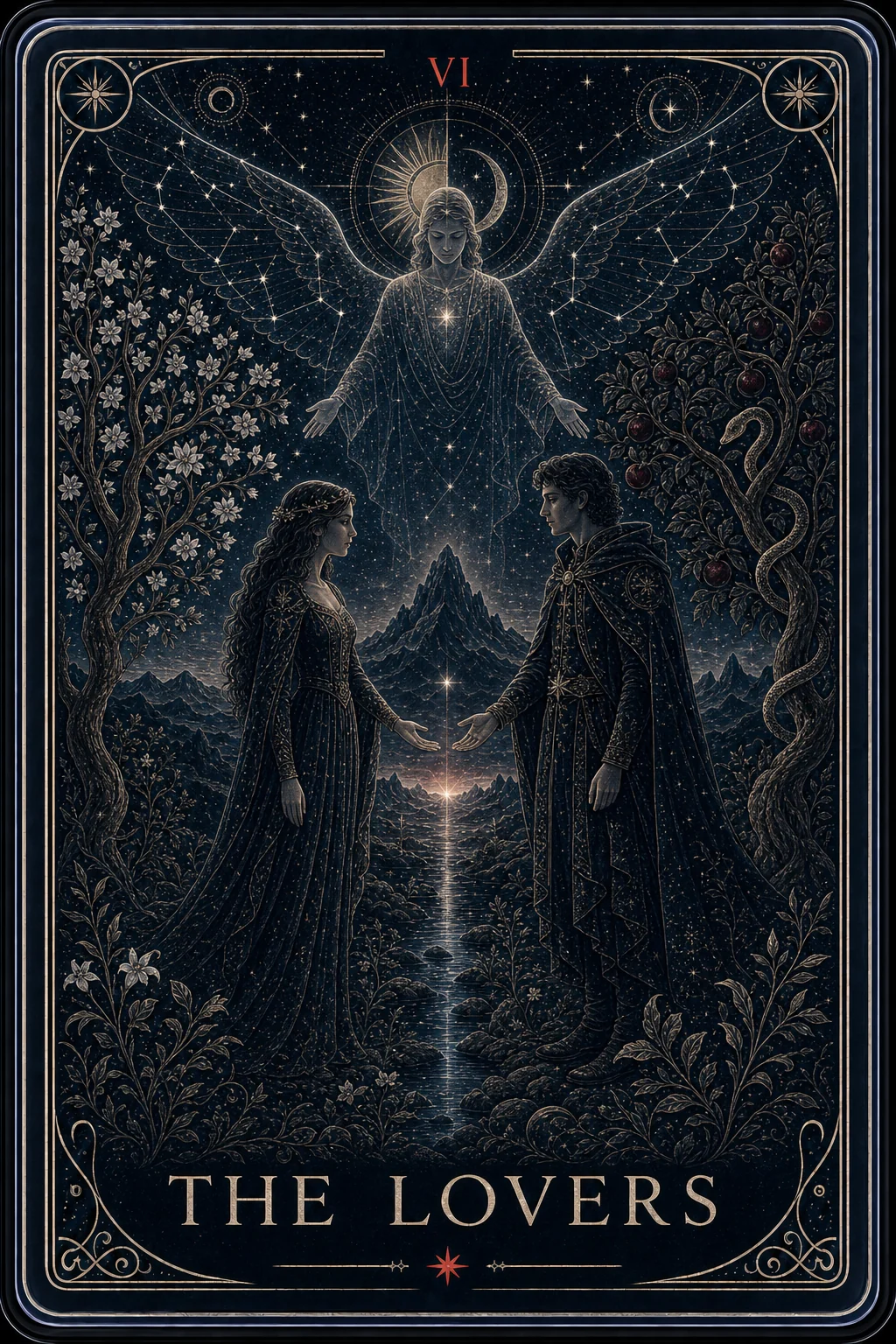 The Lovers tarot card from the Night Glass deck — two figures reaching toward a point of light between them beneath an angel with wings of constellations, a blossom tree on one side and a serpent's fruit tree on the other.