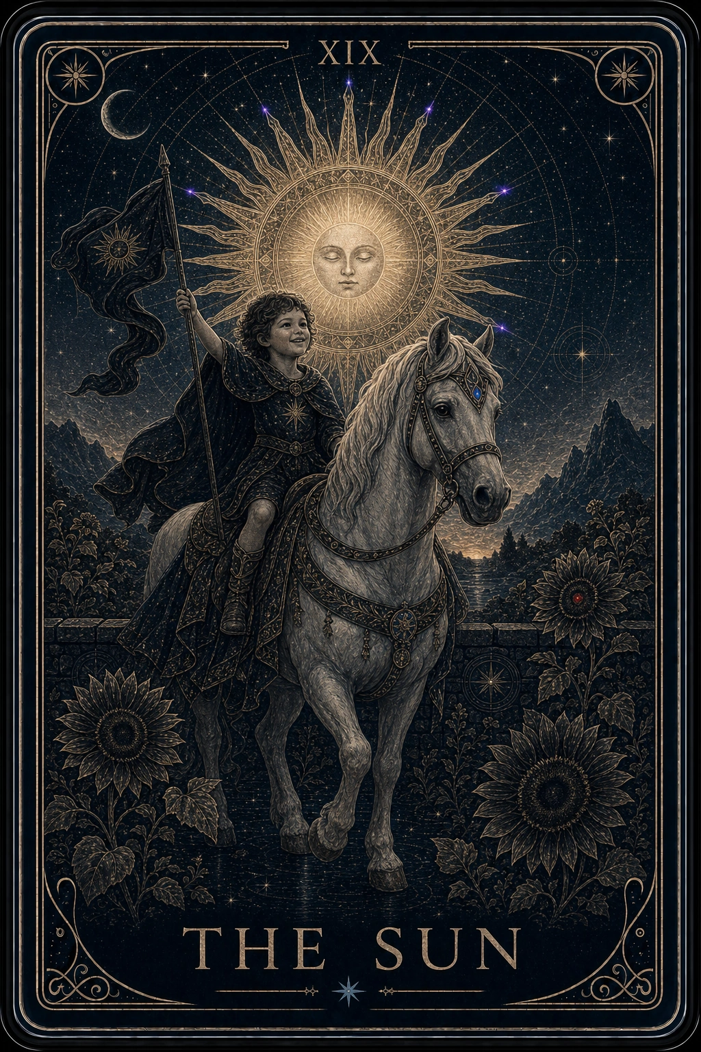 The Sun tarot card from the Night Glass deck — a radiant engraved sun with a serene face shining in a night sky above a laughing child on a pale horse, dark sunflowers turned toward them.