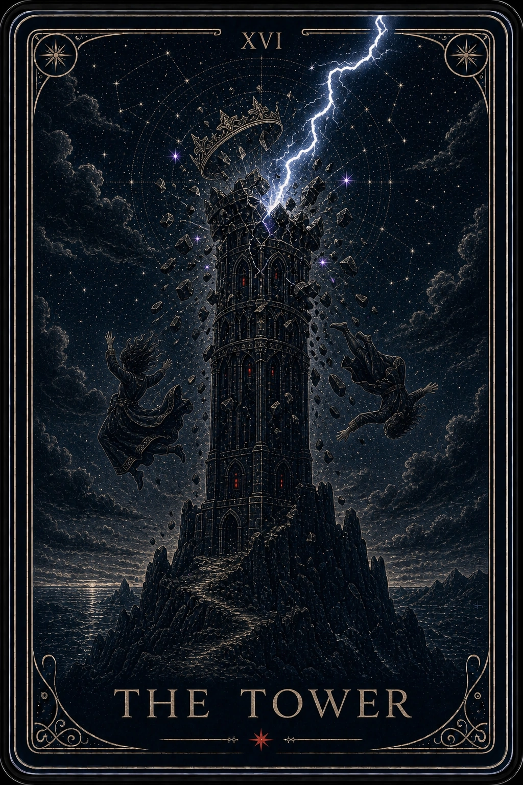 The Tower tarot card from the Night Glass deck — a black glass tower split by lightning, a crown and two figures falling through the night.