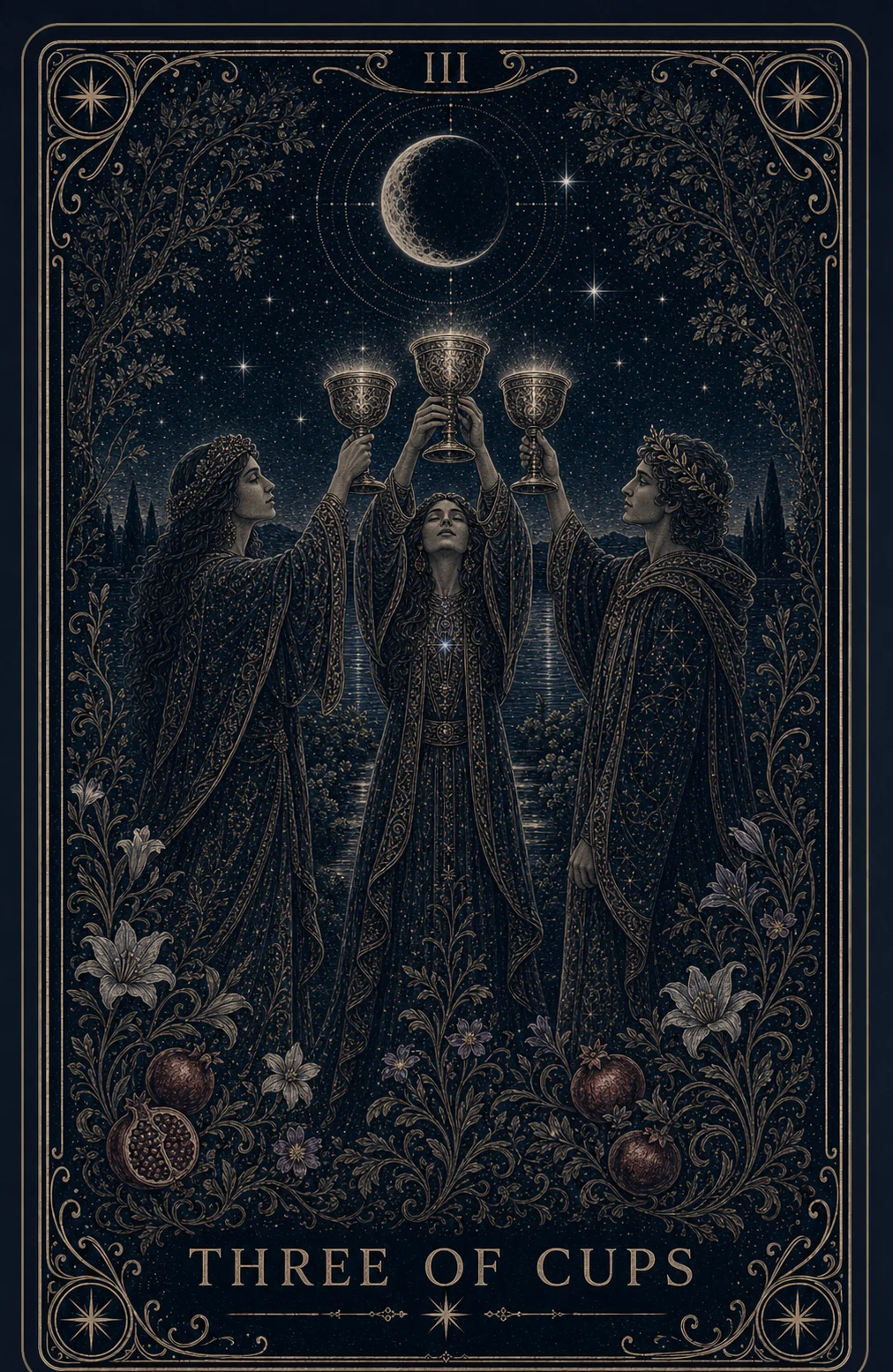 The Three of Cups tarot card from the Night Glass deck — three robed figures raising three glowing cups high together beneath a crescent moon, pomegranates and lilies at their feet, water shining behind them.