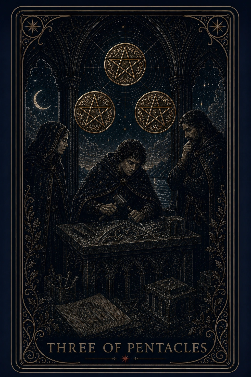 The Three of Pentacles tarot card from the Night Glass deck — a young stonemason carving at a worktable in a Gothic hall while two robed figures watch and confer, plans spread at their feet, three pentacles arched above.