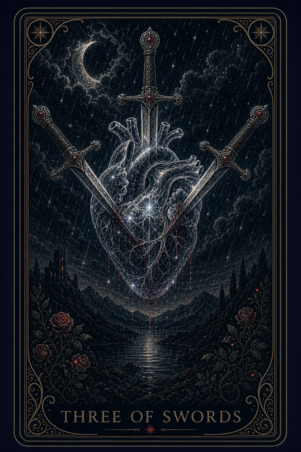 The Three of Swords tarot card from the Night Glass deck — a heart made of glass pierced by three swords in the rain, lit from within, its drops falling toward a dark lake below.