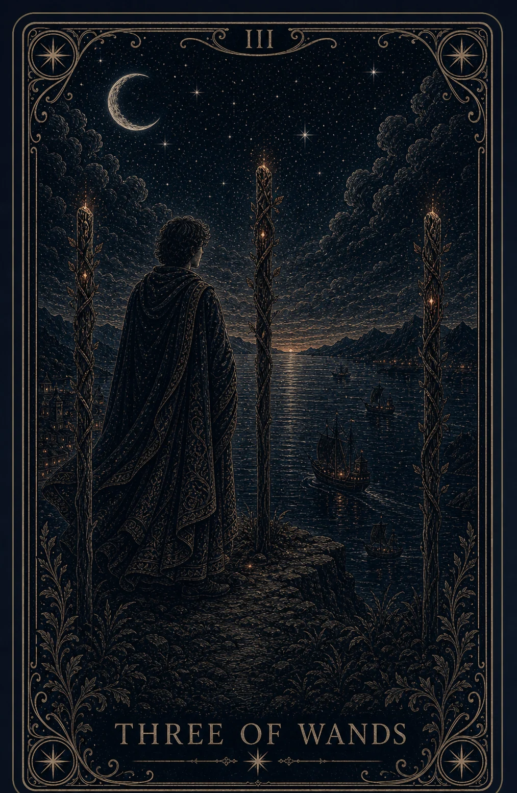 The Three of Wands tarot card from the Night Glass deck — a robed figure seen from behind on a dark overlook, three planted staves around him, watching distant lights cross deep water.