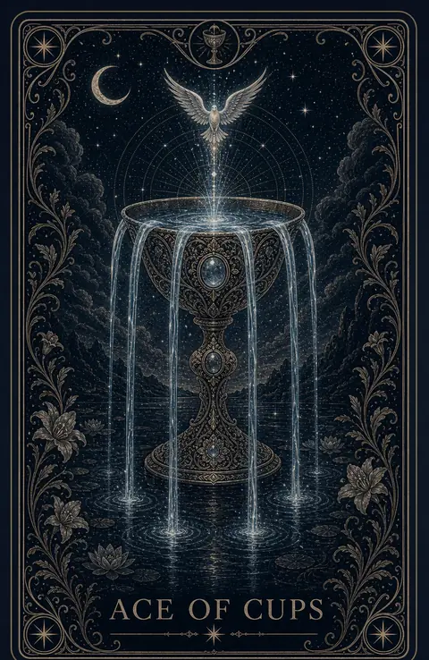 The Ace of Cups tarot card from the Night Glass deck — an ornate chalice standing in still water, overflowing in streams on every side, a white dove descending into it on a column of light.