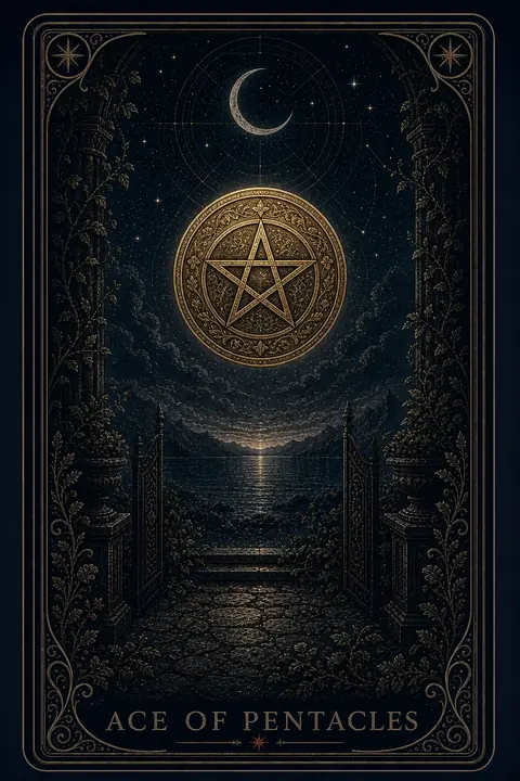 The Ace of Pentacles tarot card from the Night Glass deck — a great engraved gold coin suspended in the night sky above an open garden gate, a paved path leading down toward moonlit water.