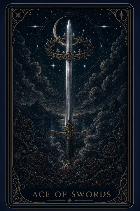 The Ace of Swords tarot card from the Night Glass deck — a single gleaming sword rising out of thorned roses through a leafed crown, a crescent moon behind its point.