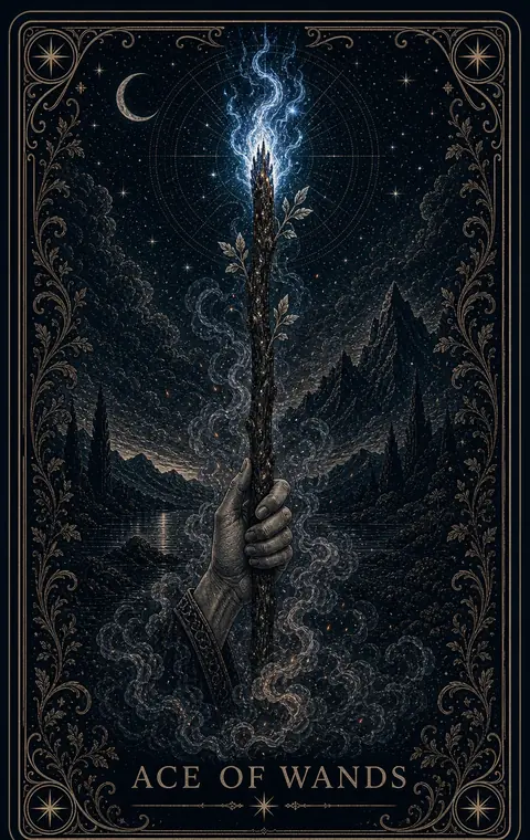 The Ace of Wands tarot card from the Night Glass deck — a single living staff rising out of the dark, leaves unfurling from its length, held in a wash of gold light against the star field.