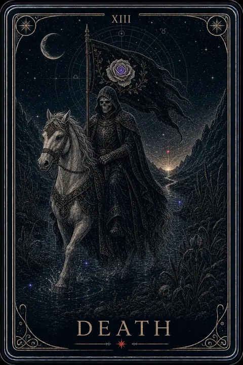 The Death tarot card from the Night Glass deck — a skeletal rider on a pale horse crossing a moonlit river, carrying a black banner with a white rose, dawn rising behind.