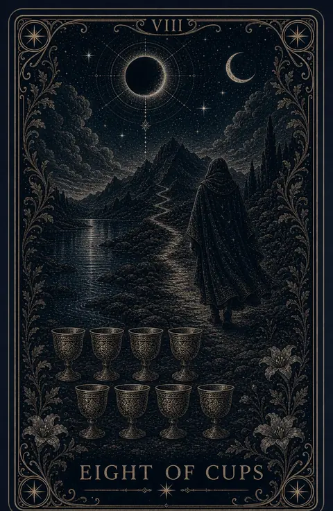 The Eight of Cups tarot card from the Night Glass deck — eight cups arranged in two even rows in the foreground, a cloaked figure already far up a winding mountain path beside a river, an eclipsed sun and crescent moon sharing the sky.