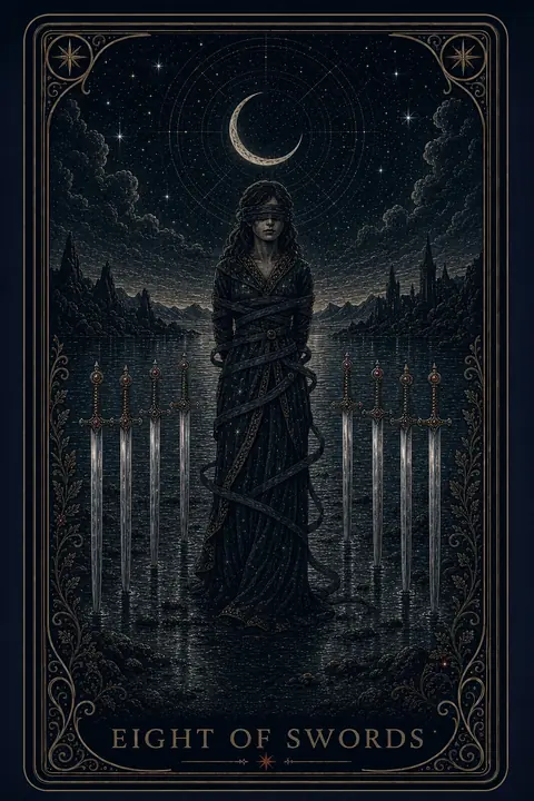 The Eight of Swords tarot card from the Night Glass deck — a blindfolded woman loosely bound in trailing ribbons, standing in shallow water between two open rows of swords, a lit castle far behind her.