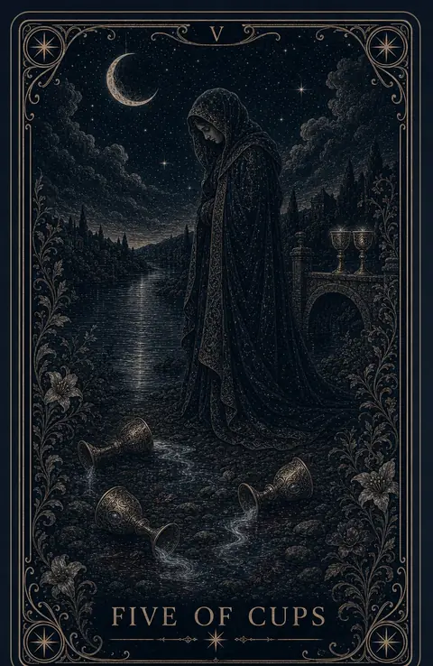 The Five of Cups tarot card from the Night Glass deck — a veiled mourning figure standing over three spilled cups on dark ground, their contents running away in silver rivulets, two upright cups glowing on the parapet of a stone bridge behind.