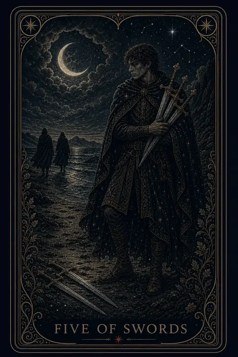 The Five of Swords tarot card from the Night Glass deck — a man gathering three swords against his shoulder, glancing back at two cloaked figures walking away along a moonlit shore, two more swords abandoned on the ground.
