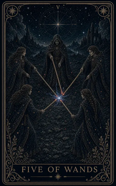The Five of Wands tarot card from the Night Glass deck — five figures in a dark clearing, staves raised and crossed mid-clash, sparks where the wood strikes.