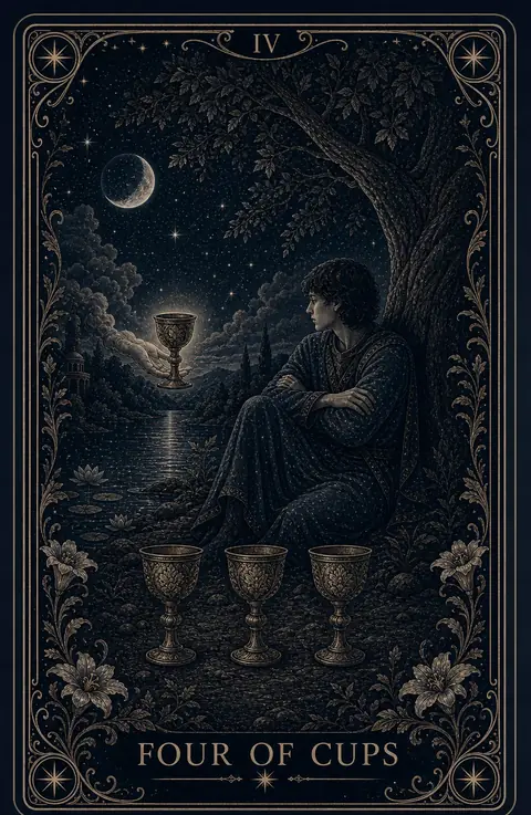 The Four of Cups tarot card from the Night Glass deck — a young man sitting beneath a great tree with arms crossed, three unlit cups before him, a glowing cup offered from a misted hand over the water, a crescent moon above.
