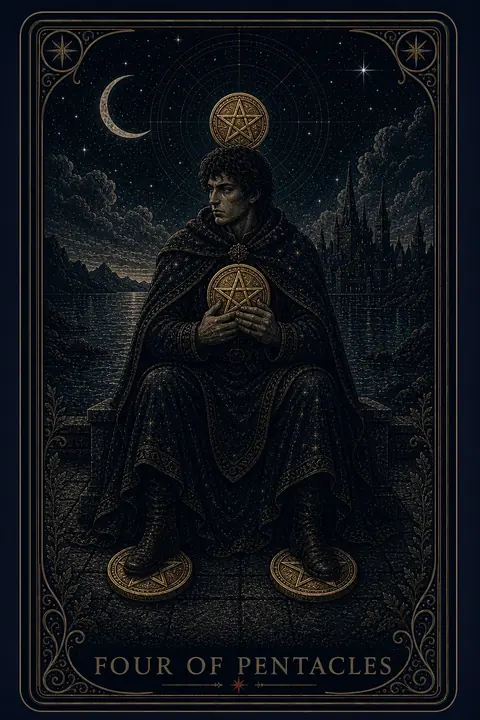 The Four of Pentacles tarot card from the Night Glass deck — a tense man seated on a stone block clutching a coin to his chest, one coin fixed above his head, two beneath his boots, a lit city across the water behind him.