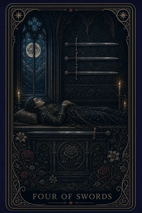 The Four of Swords tarot card from the Night Glass deck — a figure lying in rest on a carved stone bier in a Gothic chapel, three swords mounted on the wall above, one laid at his side, candles lit and a full moon in the window.