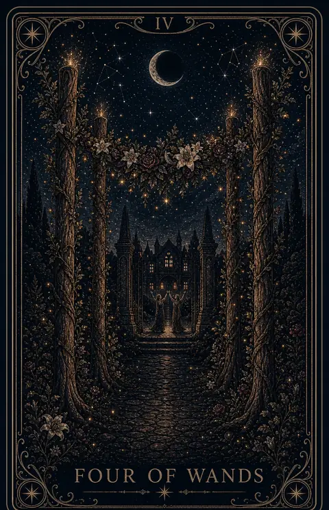 The Four of Wands tarot card from the Night Glass deck — four tall staves forming a gateway hung with garlands, warm light and small celebrating figures beneath, a dark keep in the distance.