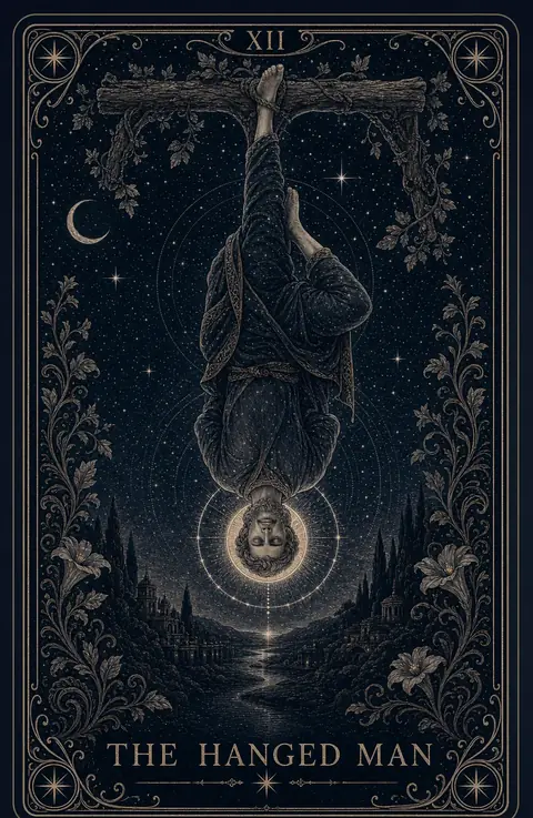 The Hanged Man tarot card from the Night Glass deck — a figure suspended upside down from a living branch, a halo of light gathered around his lowered head above a river valley.