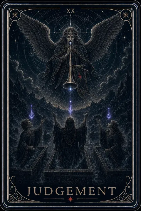 The Judgement tarot card from the Night Glass deck — a winged herald sounding a trumpet over three figures rising from stone tombs, small violet flames above their lifted faces.