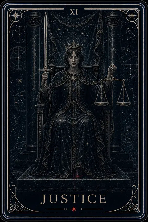 The Justice tarot card from the Night Glass deck — a crowned figure seated between black pillars, a veil across her eyes, holding an upright sword and perfectly level scales.