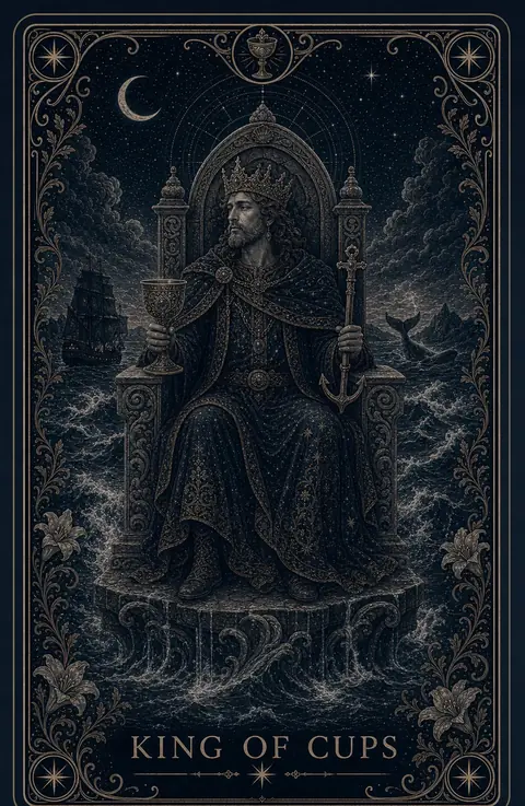 The King of Cups tarot card from the Night Glass deck — a crowned king enthroned on a stone platform amid rough seas, holding a cup in one hand and an anchor-tipped scepter in the other, a ship and a whale's tail on the dark water behind him.