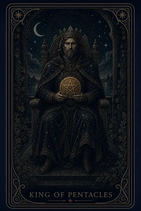 The King of Pentacles tarot card from the Night Glass deck — a crowned, bearded king enthroned between stone pillars, grapevines heavy around him, holding a great gold coin at rest in both hands.