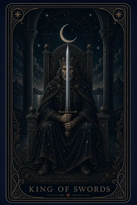 The King of Swords tarot card from the Night Glass deck — a crowned king facing fully forward, a great sword held vertical before him, the blade bisecting the card with one of his eyes on each side, crescent moon at its point.