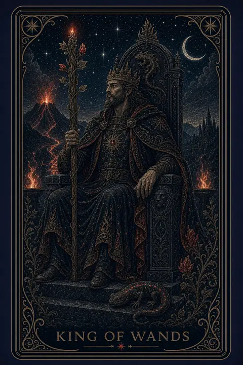 The King of Wands tarot card from the Night Glass deck — a bearded king enthroned in dark robes worked with gold, one hand on a tall living staff, a salamander motif glowing at the throne's base.