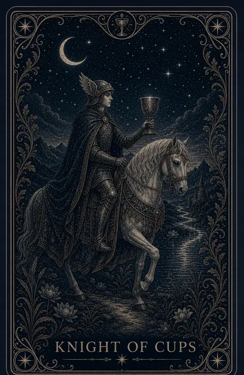 The Knight of Cups tarot card from the Night Glass deck — a knight in a winged helmet on a pale horse at walking pace, holding a cup forward, following a moonlit river through the night.