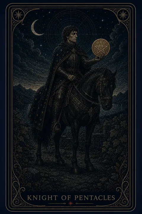 The Knight of Pentacles tarot card from the Night Glass deck — an armored rider on a heavy black horse standing fully halted among vineyard rows, holding a gold coin out on one steady hand.