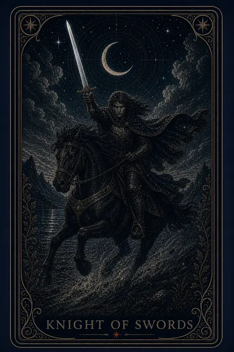 The Knight of Swords tarot card from the Night Glass deck — a rider on a black horse at full charge, sword raised high, hair and cloak streaming, eyes locked forward under a crescent moon.