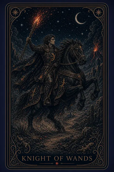 The Knight of Wands tarot card from the Night Glass deck — an armored rider mid-gallop on a dark rearing horse, staff couched like a lance, mane and cloak streaming fire-gold.
