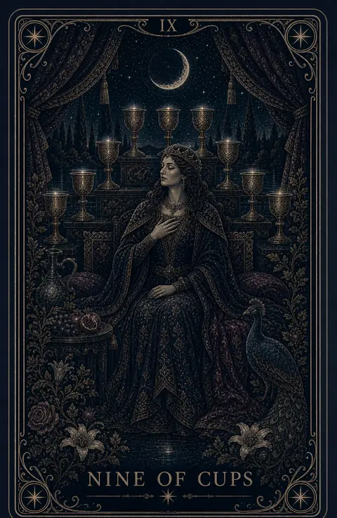 The Nine of Cups tarot card from the Night Glass deck — a richly dressed woman seated with her hand on her heart, eyes closed, nine glowing cups arced on the stone behind her, a peacock at her side and fruit on the table.