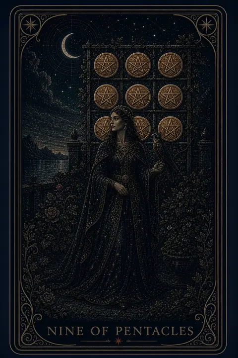 The Nine of Pentacles tarot card from the Night Glass deck — an elegantly gowned woman standing in her walled garden, a falcon on her gloved hand, nine pentacles woven into the vine lattice behind her.