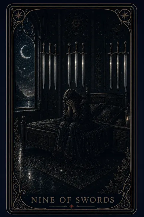 The Nine of Swords tarot card from the Night Glass deck — a figure sitting up in bed at night with face buried in both hands, nine swords hanging point-down on the wall in three rows of three, a lantern burning on the nightstand.