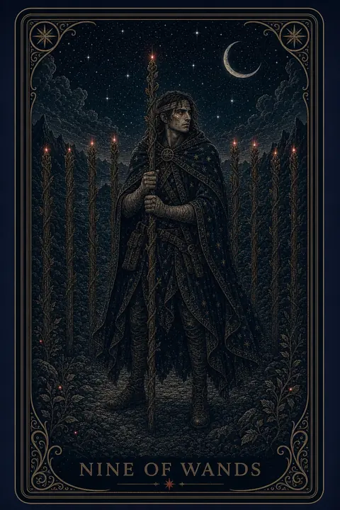 The Nine of Wands tarot card from the Night Glass deck — a weary bandaged figure leaning on one staff, eight staves standing as a fence behind him, dawn nowhere yet in the dark sky.