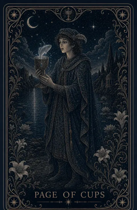 The Page of Cups tarot card from the Night Glass deck — a young figure in a feathered cap and ornate cloak holding a cup from which a luminous fish rises, meeting his gaze beside a moonlit lake.