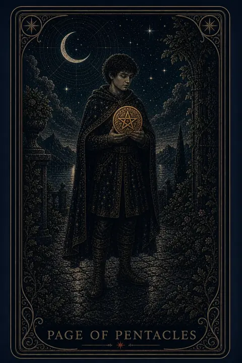 The Page of Pentacles tarot card from the Night Glass deck — a young figure on a garden path at night, cradling a glowing coin close in both hands, head bowed to study it.