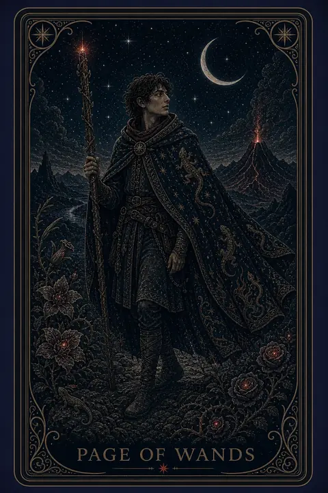 The Page of Wands tarot card from the Night Glass deck — a young figure in a dark field holding a sprouting staff at arm's length, face tilted up toward it, stars close overhead.