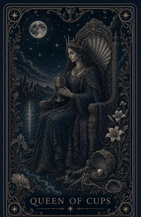 The Queen of Cups tarot card from the Night Glass deck — a crowned woman on a shell-backed throne at the water's edge, gazing into a lidded cup held in both hands, a full moon above and an open shell with a pearl at her feet.