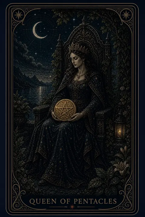 The Queen of Pentacles tarot card from the Night Glass deck — a crowned woman on a vine-wrapped throne in a night garden, a gold coin held in her lap, a small lantern glowing at the throne's base.