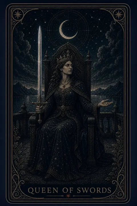The Queen of Swords tarot card from the Night Glass deck — a crowned woman enthroned on a terrace above the water, sword upright in one hand, her other hand extended open, palm up.